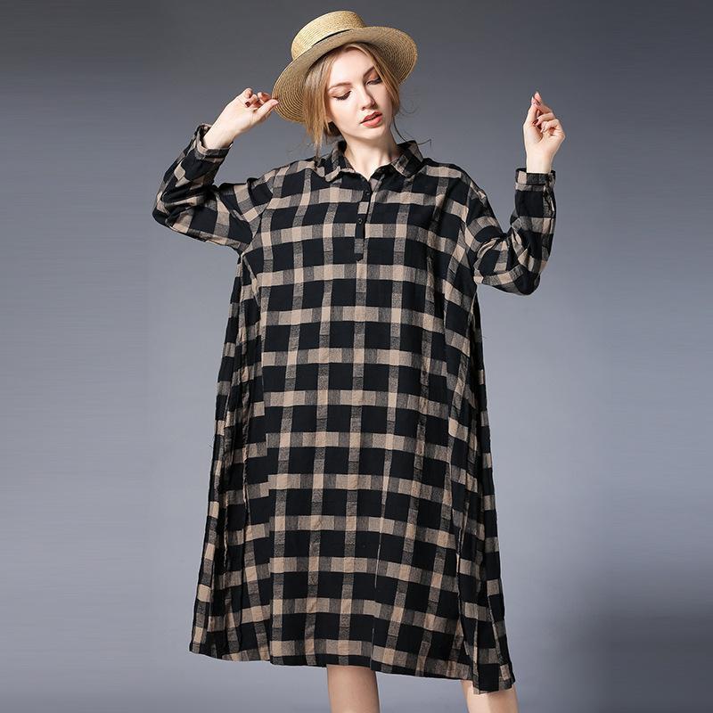 plus size women plaid shirt long sleeve dress – Becidot